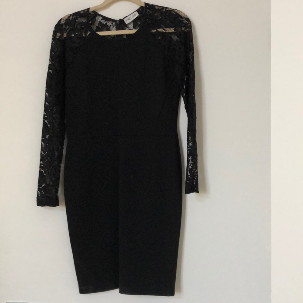 Tobey Grey black dress with lace long-sleeves